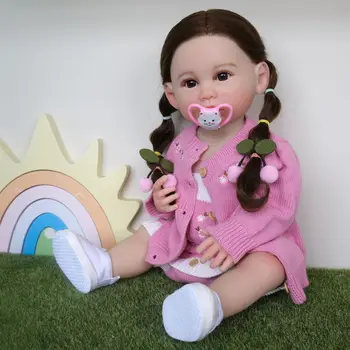 55 CM Zaten Bitmiş Boyalı Tam Vücut Silikon Vinil Reborn Yürümeye Başlayan Kız Bebek Julieata Pembe Bez Bebek Köklü Uzun Saç