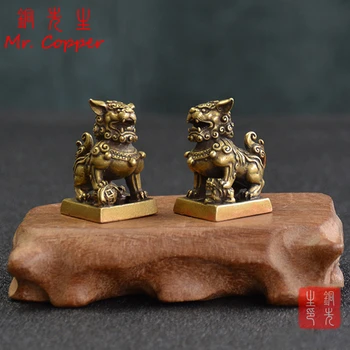Antik Bronz 1 Çift Aslan Mühür Masaüstü Süsler Bakır Hayvan Minyatür Heykelcik Şanslı Pirinç Aslan Heykeli Feng Shui Dekorasyon