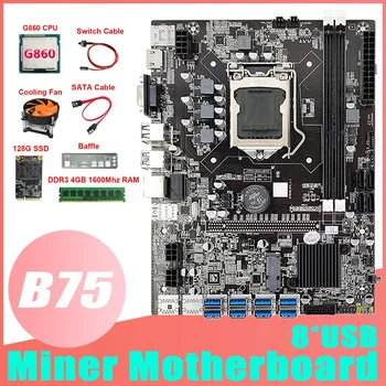 B75 ETH Madencilik Anakart 8 XUSB + G860 CPU + DDR3 4 GB RAM + 128G SSD + Fan + SATA Kablosu + Bölme B75 Madenci Anakart