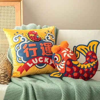 DUNXDECO Balık Yastık Dekoratif Yastık Sevinç Çin Geleneksel Şanslı Balık nakışlı yastık kılıfı Kanepe Sandalye Yatak Coussin